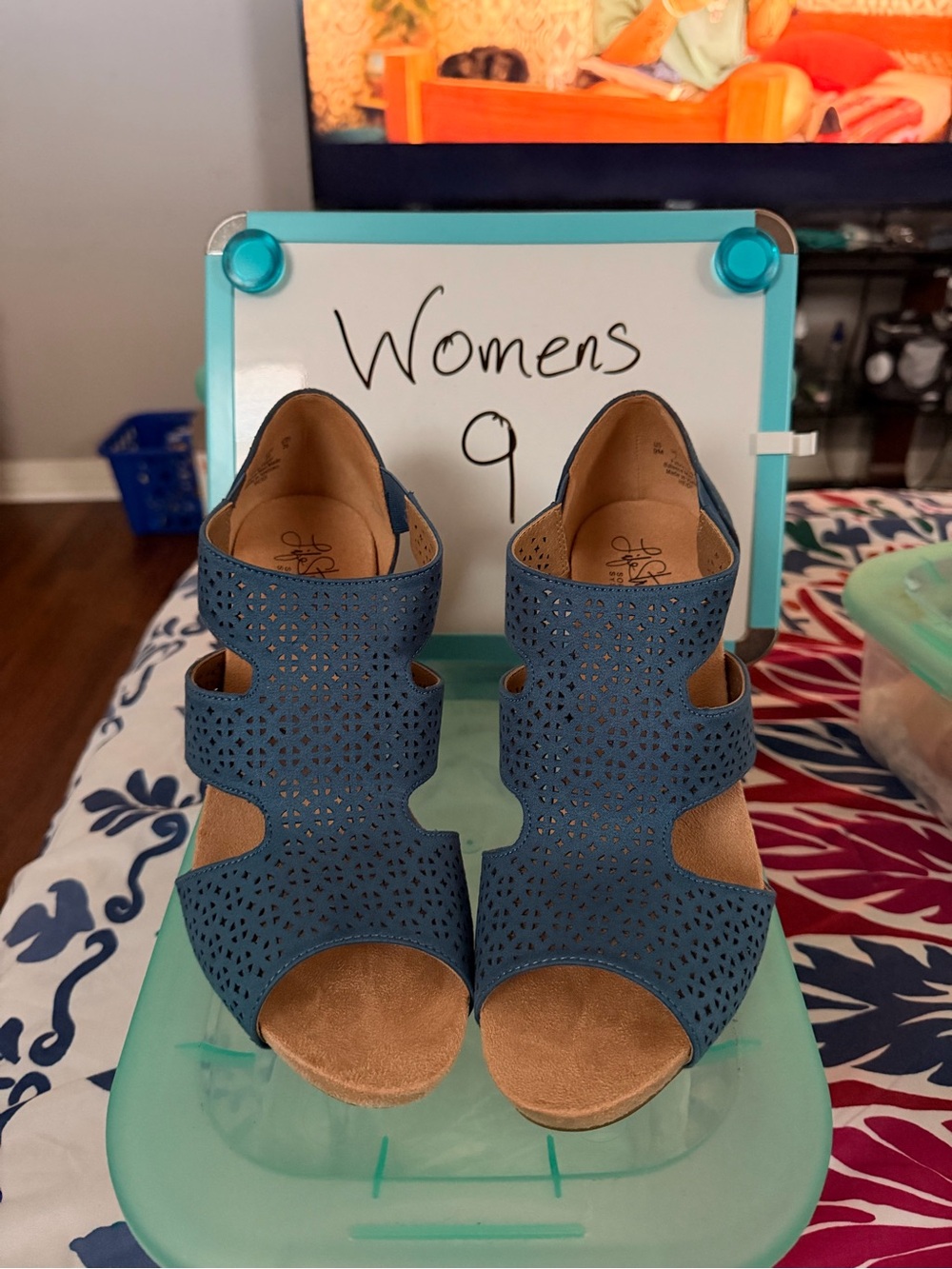 Life Stride Blue Laser-Cut Peep-Toe Wedges